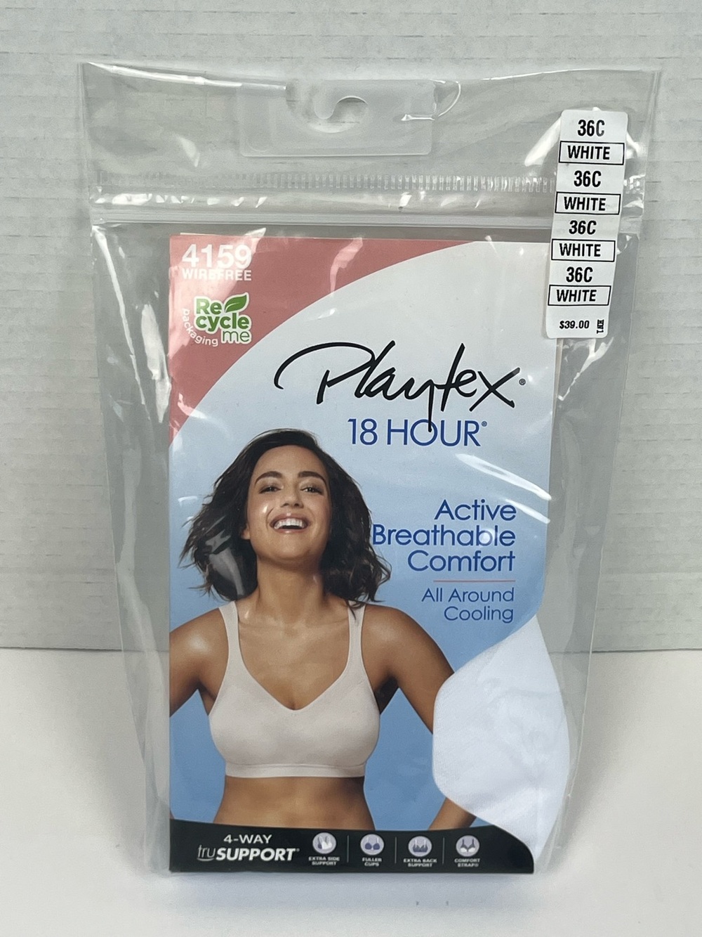 NWT Playtex 18 Hour white Active Breathable Comfort 4159 Wirefree bra, 36C.